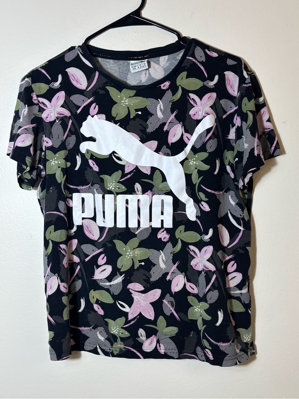 Puma Womens Black Floral Print Shirt Logo On Front Size M